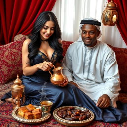 A stunning Arab woman with captivating curves sits gracefully on a patterned rug, wearing a fitted navy silk dress with gold embroidery that highlights her elegant figure