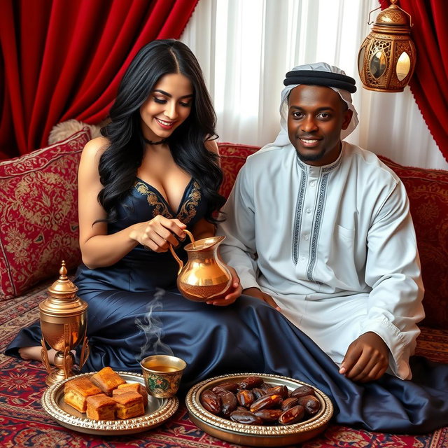 A stunning Arab woman with captivating curves sits gracefully on a patterned rug, wearing a fitted navy silk dress with gold embroidery that highlights her elegant figure