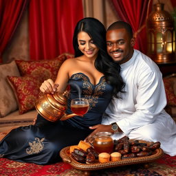 A stunning Arab woman with captivating curves sits gracefully on a patterned rug, wearing a fitted navy silk dress with gold embroidery that highlights her elegant figure