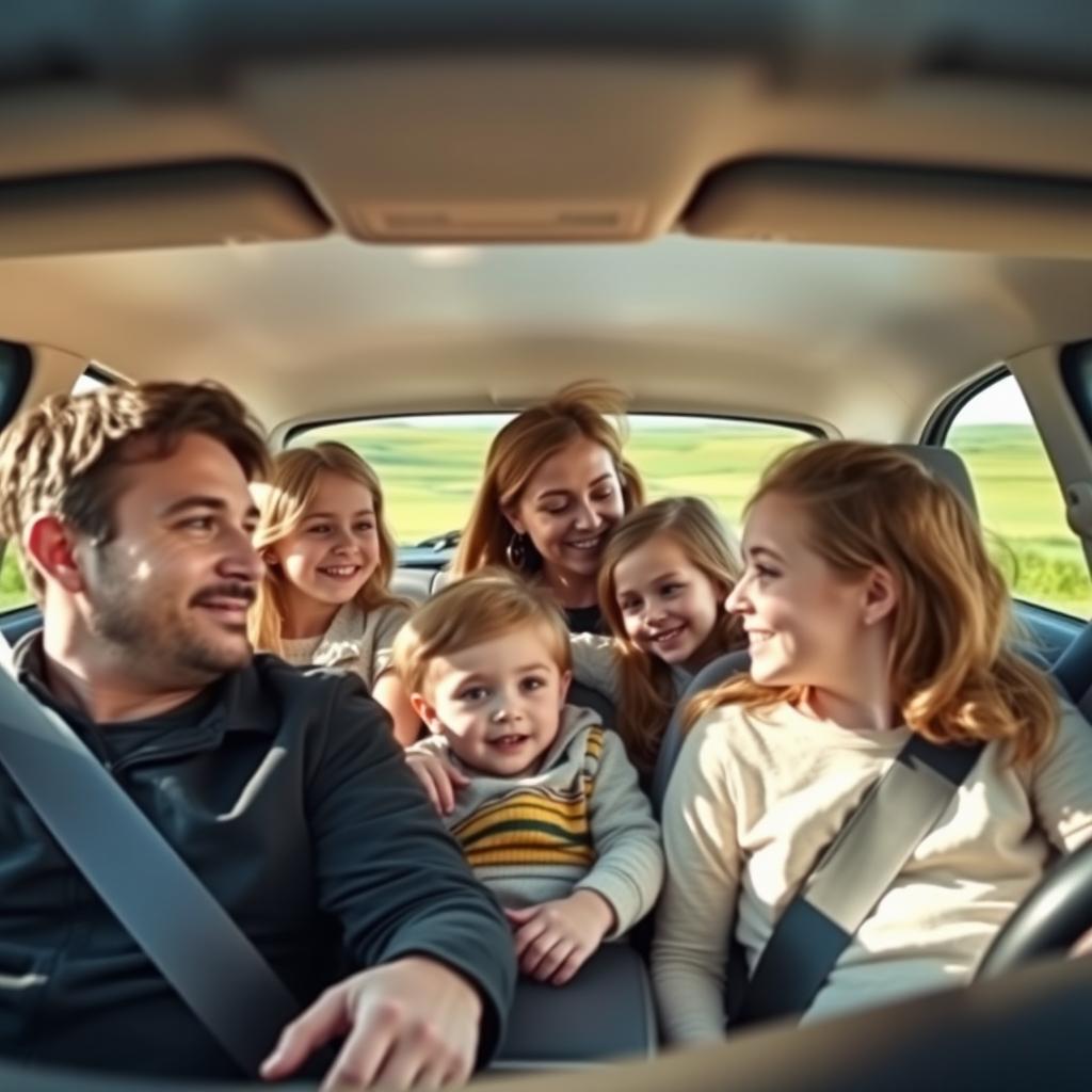 A family in a car, with the father driving and the mother sitting beside him with their young son in her lap