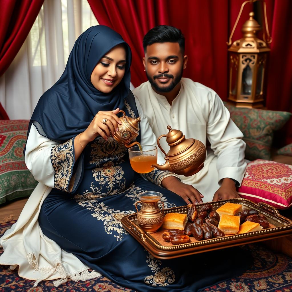 A stunning Arab chubby woman in a hijab with captivating curves sits gracefully on a patterned rug, wearing a fitted navy silk dress with intricate gold embroidery that highlights her elegant figure