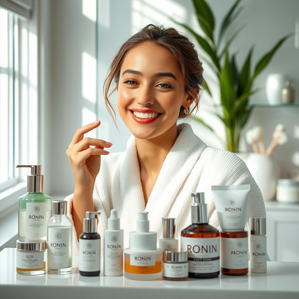 A beautiful girl applying Ronin skincare products in a bright and aesthetically pleasing bathroom