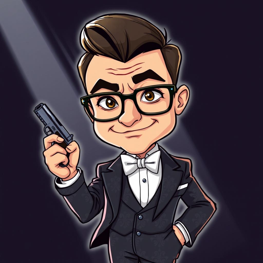 A cartoon illustration of a funny and detailed character, depicting a small-bodied man with an oversized head, wearing stylish glasses and an elegant suit with intricate patterns, completed with a bow tie