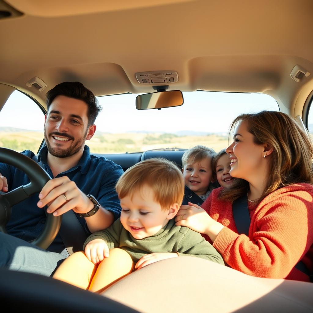 A family in a car, with the father driving and the mother sitting beside him holding a young boy in her lap