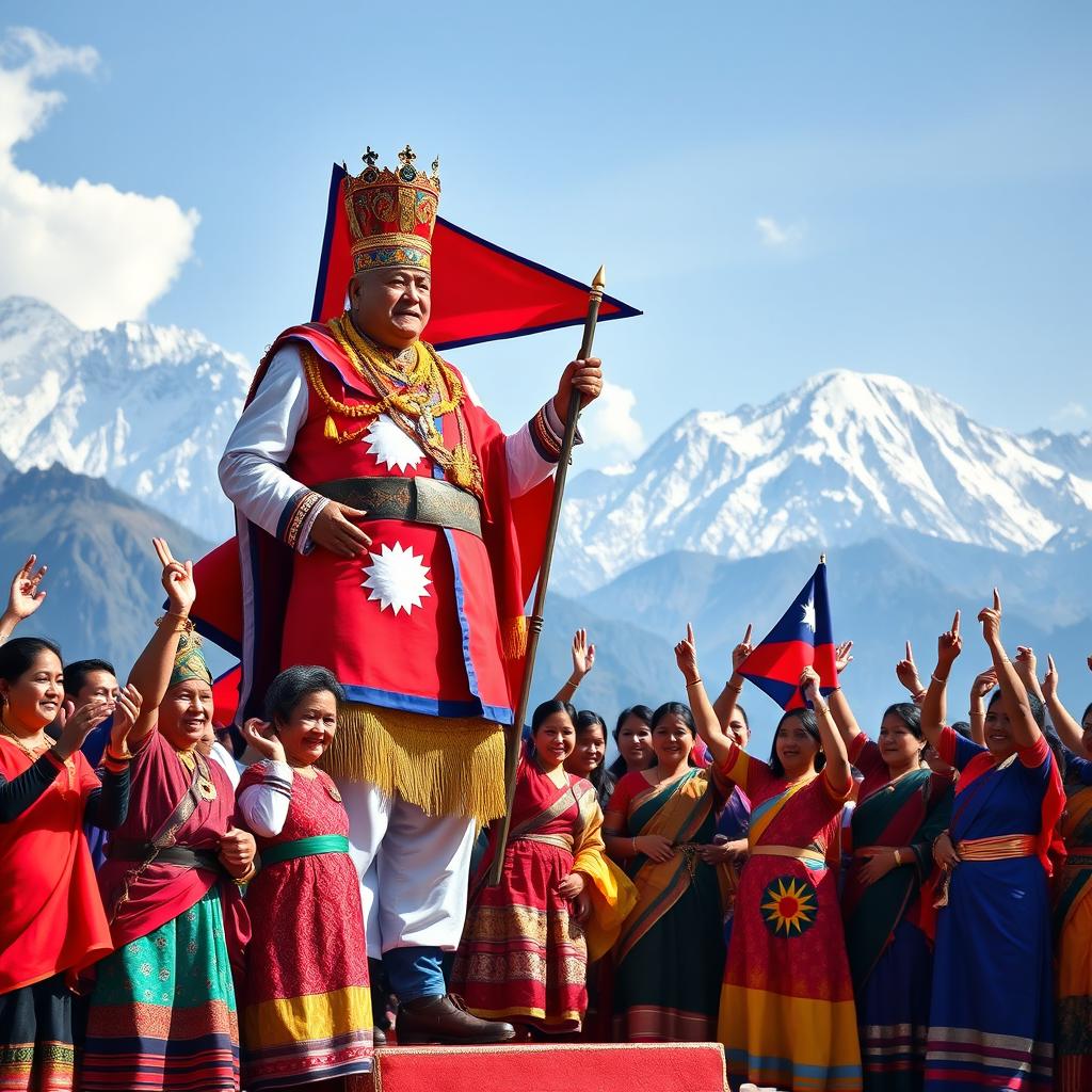 A majestic scene of the King of Nepal standing tall and proud, adorned in traditional royal attire, holding the vibrant Nepalese flag