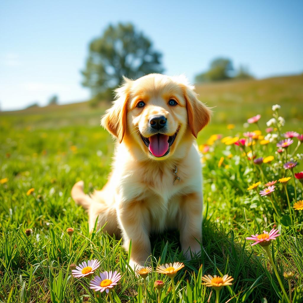 A cute and fluffy golden retriever puppy sitting on a soft green grass field, surrounded by colorful wildflowers under a bright blue sky