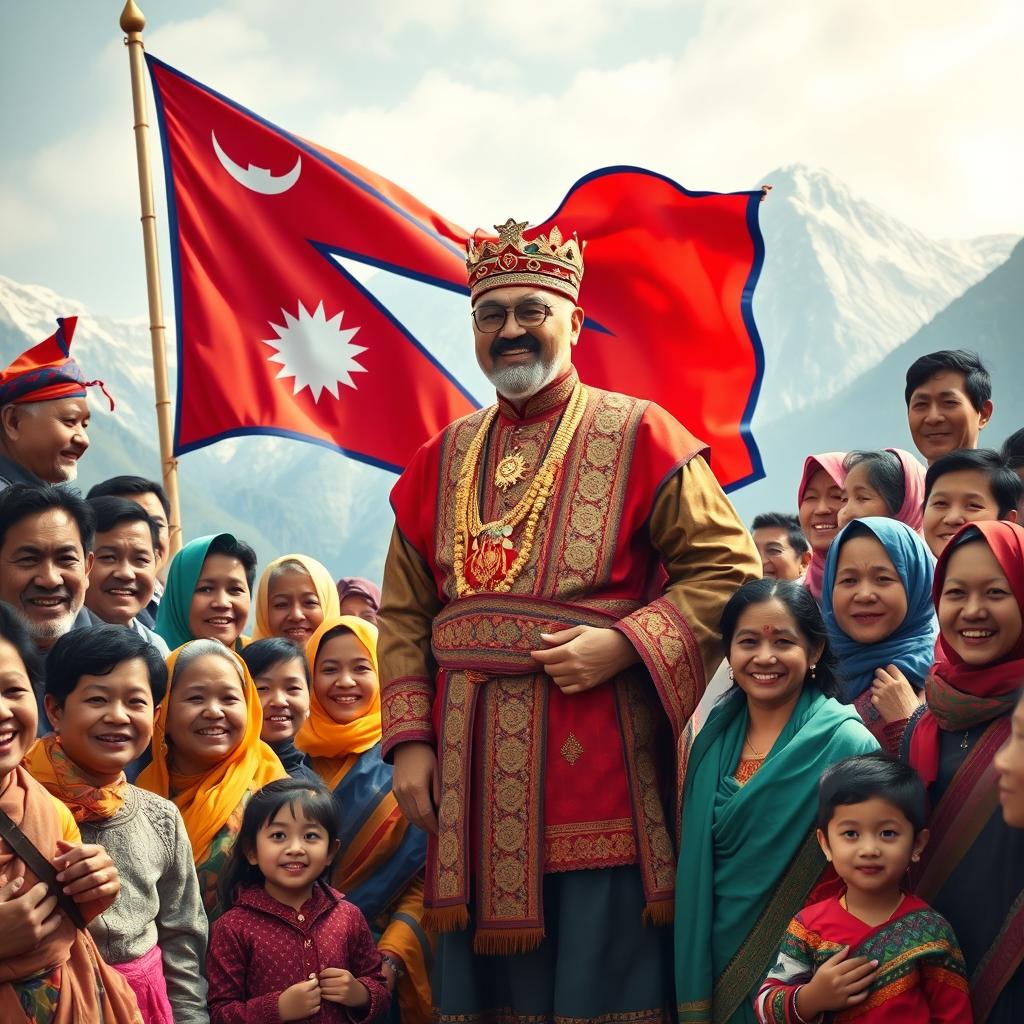 A majestic depiction of the King of Nepal standing proudly with his people in a vibrant scene filled with life and celebration