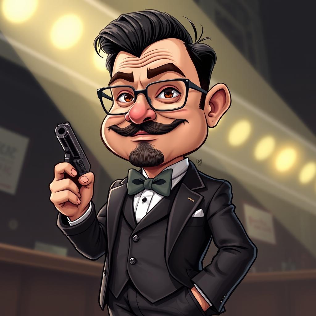 A funny and detailed cartoon caricature of a small-bodied man with a large head, wearing glasses and a luxurious suit with an elegant pattern and a bow tie