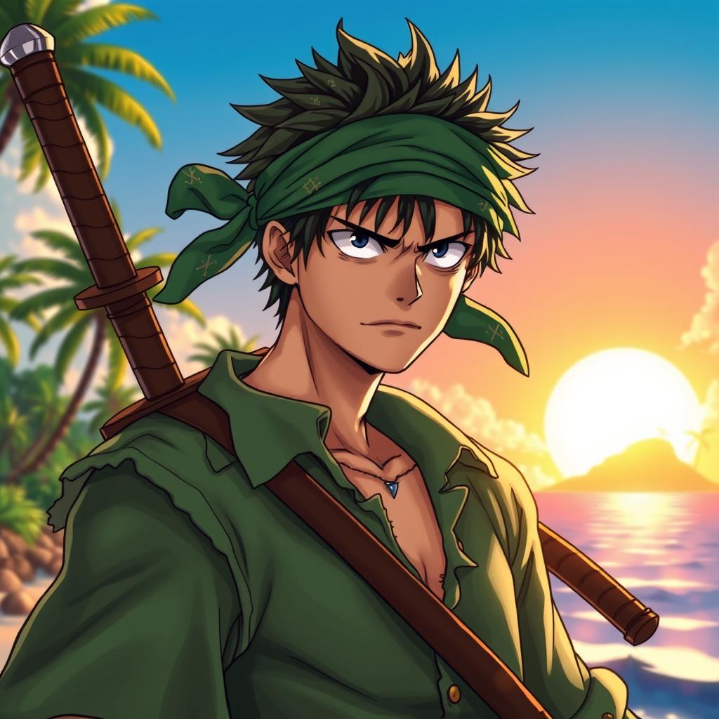 A detailed and dynamic illustration of Zoro from the popular anime and manga series One Piece