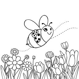 A spring-themed coloring book page featuring a smiling bumblebee joyfully flying around a vibrant field of flowers