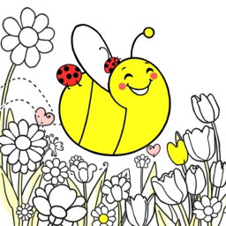A spring-themed coloring book page featuring a smiling bumblebee joyfully flying around a vibrant field of flowers