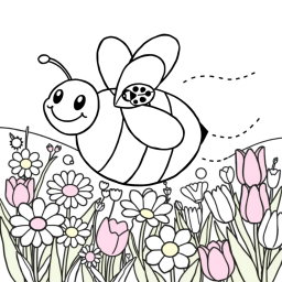 A spring-themed coloring book page featuring a smiling bumblebee joyfully flying around a vibrant field of flowers