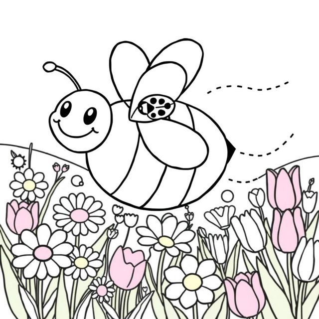 A spring-themed coloring book page featuring a smiling bumblebee joyfully flying around a vibrant field of flowers