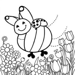 A spring-themed coloring book page featuring a smiling bumblebee joyfully flying around a vibrant field of flowers