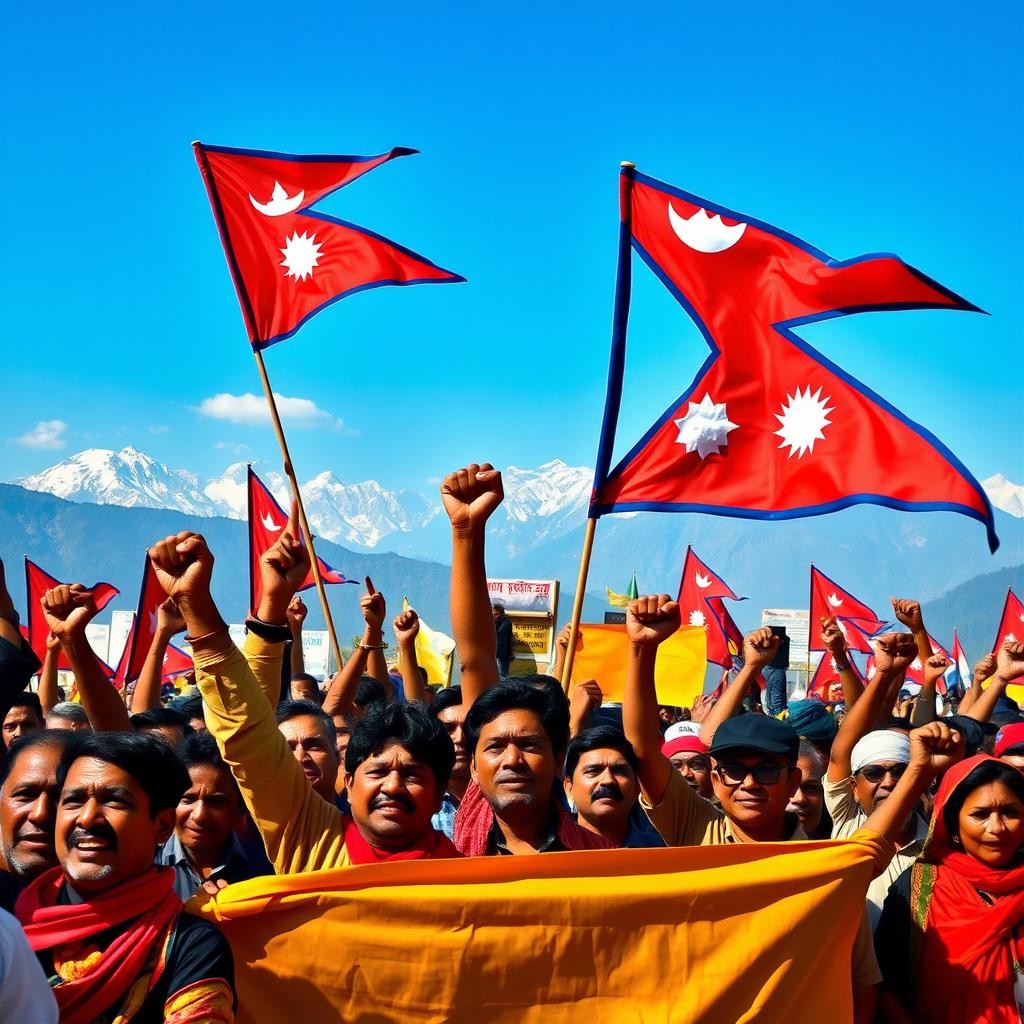 A vibrant and dynamic scene depicting a revolution in Nepal, featuring proud citizens waving the Nepalese flag passionately