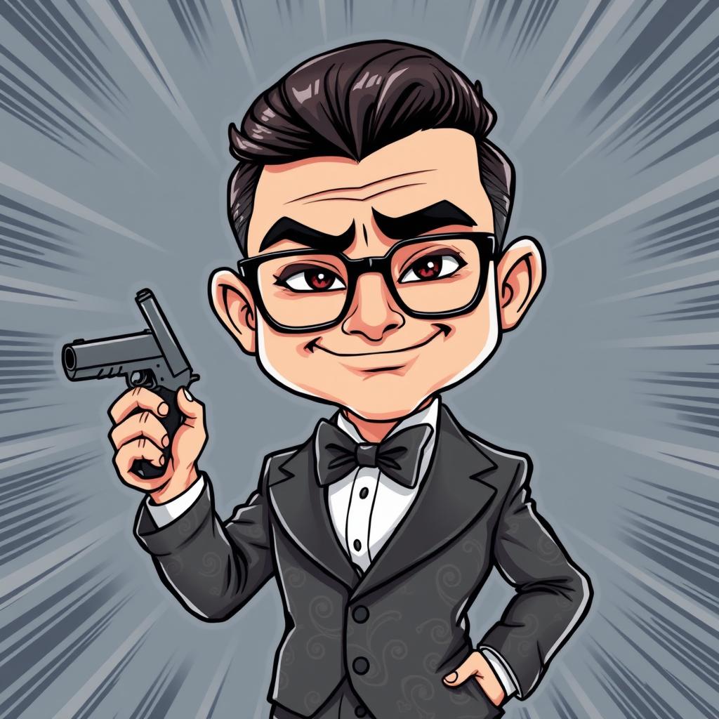 A humorous and detailed cartoon of a small-bodied man with a large head, slicked back hair, wearing glasses and a luxurious suit featuring elegant patterns and a bowtie
