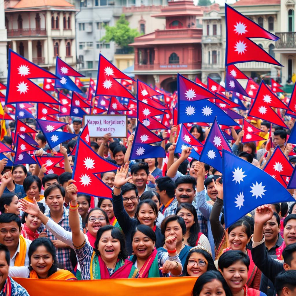 A vibrant scene filled with a large crowd of enthusiastic monarchy supporters, all waving colorful Nepalese flags