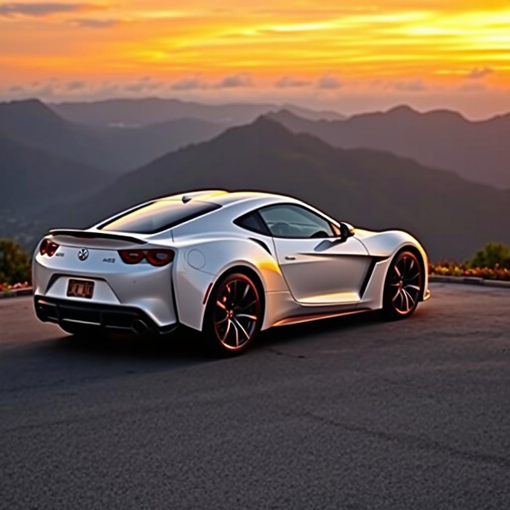 A sleek and modern white sports car parked elegantly on a scenic mountain overlook during sunset
