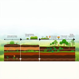 A detailed visual timeline depicting the stages of plant succession, showcasing the gradual transformation of a barren landscape to a lush, biodiverse ecosystem