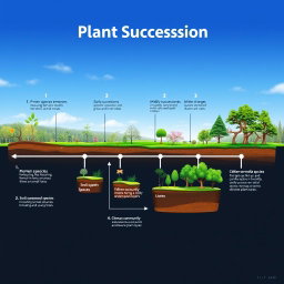A detailed visual timeline depicting the stages of plant succession, showcasing the gradual transformation of a barren landscape to a lush, biodiverse ecosystem