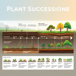 A detailed visual timeline depicting the stages of plant succession, showcasing the gradual transformation of a barren landscape to a lush, biodiverse ecosystem