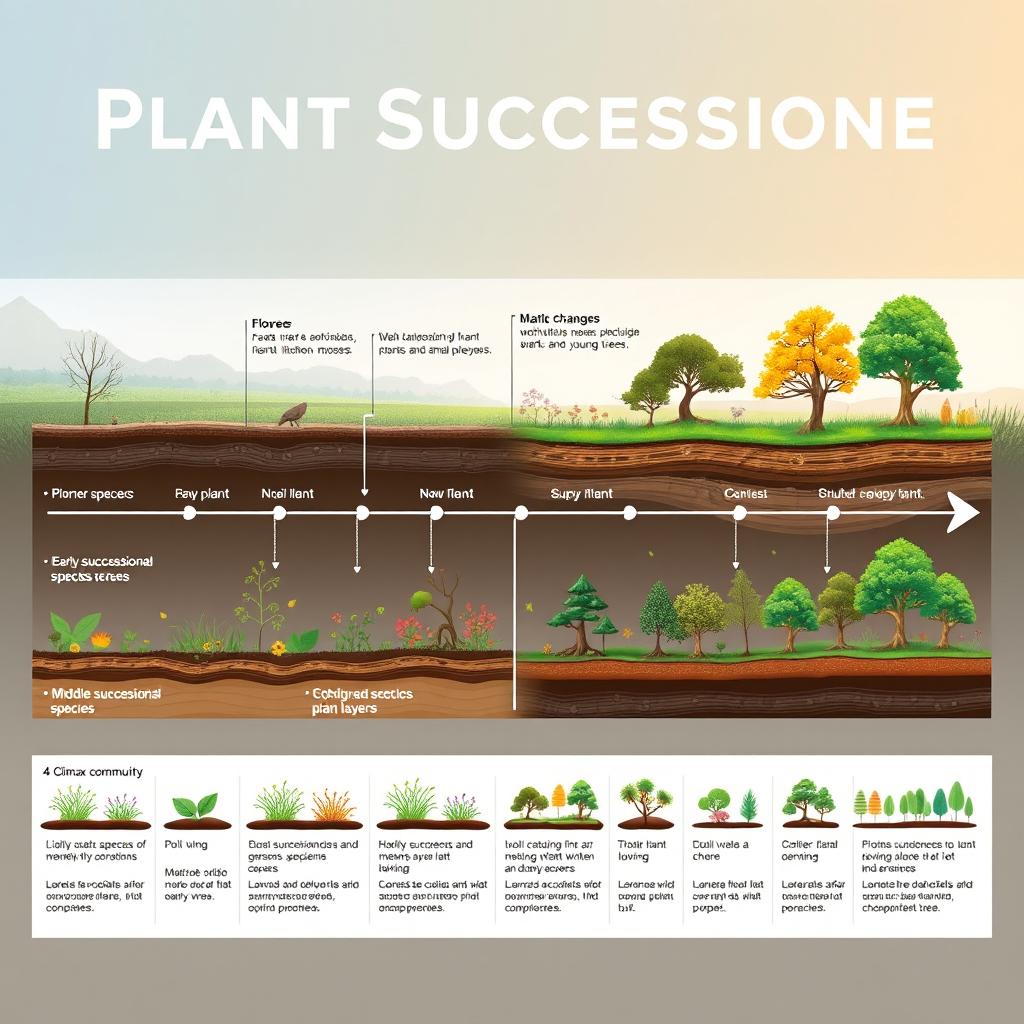 A detailed visual timeline depicting the stages of plant succession, showcasing the gradual transformation of a barren landscape to a lush, biodiverse ecosystem