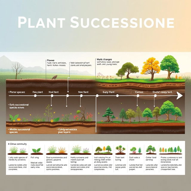 A detailed visual timeline depicting the stages of plant succession, showcasing the gradual transformation of a barren landscape to a lush, biodiverse ecosystem