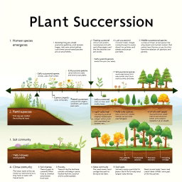 A detailed visual timeline depicting the stages of plant succession, showcasing the gradual transformation of a barren landscape to a lush, biodiverse ecosystem