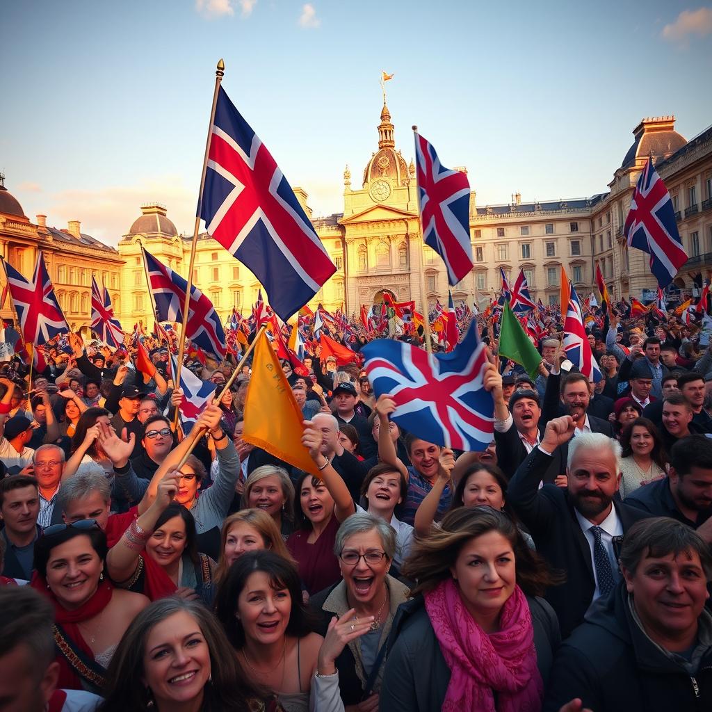 A dramatic scene depicting the restoration of a monarchy, with a large, passionate crowd gathered in a historic city square, holding colorful flags representing the monarchy