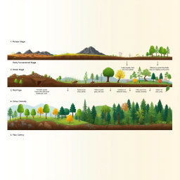 A comprehensive and visually striking timeline illustrating the stages of plant succession, starting from a barren landscape and progressing to a rich, diverse ecosystem