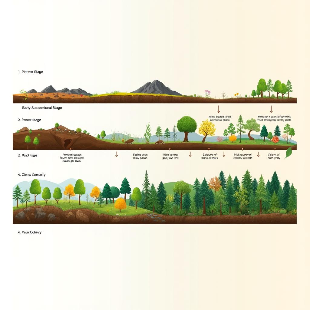 A comprehensive and visually striking timeline illustrating the stages of plant succession, starting from a barren landscape and progressing to a rich, diverse ecosystem