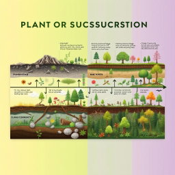 A comprehensive and visually striking timeline illustrating the stages of plant succession, starting from a barren landscape and progressing to a rich, diverse ecosystem