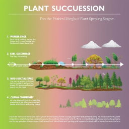 A comprehensive and visually striking timeline illustrating the stages of plant succession, starting from a barren landscape and progressing to a rich, diverse ecosystem