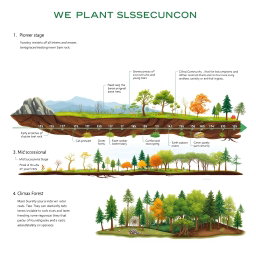 A comprehensive and visually striking timeline illustrating the stages of plant succession, starting from a barren landscape and progressing to a rich, diverse ecosystem