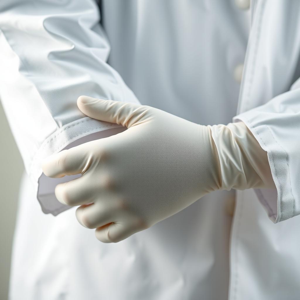 A close-up of a pair of gloved hands, wearing surgical gloves that are pulled slightly over the sleeves of a pristine white coat