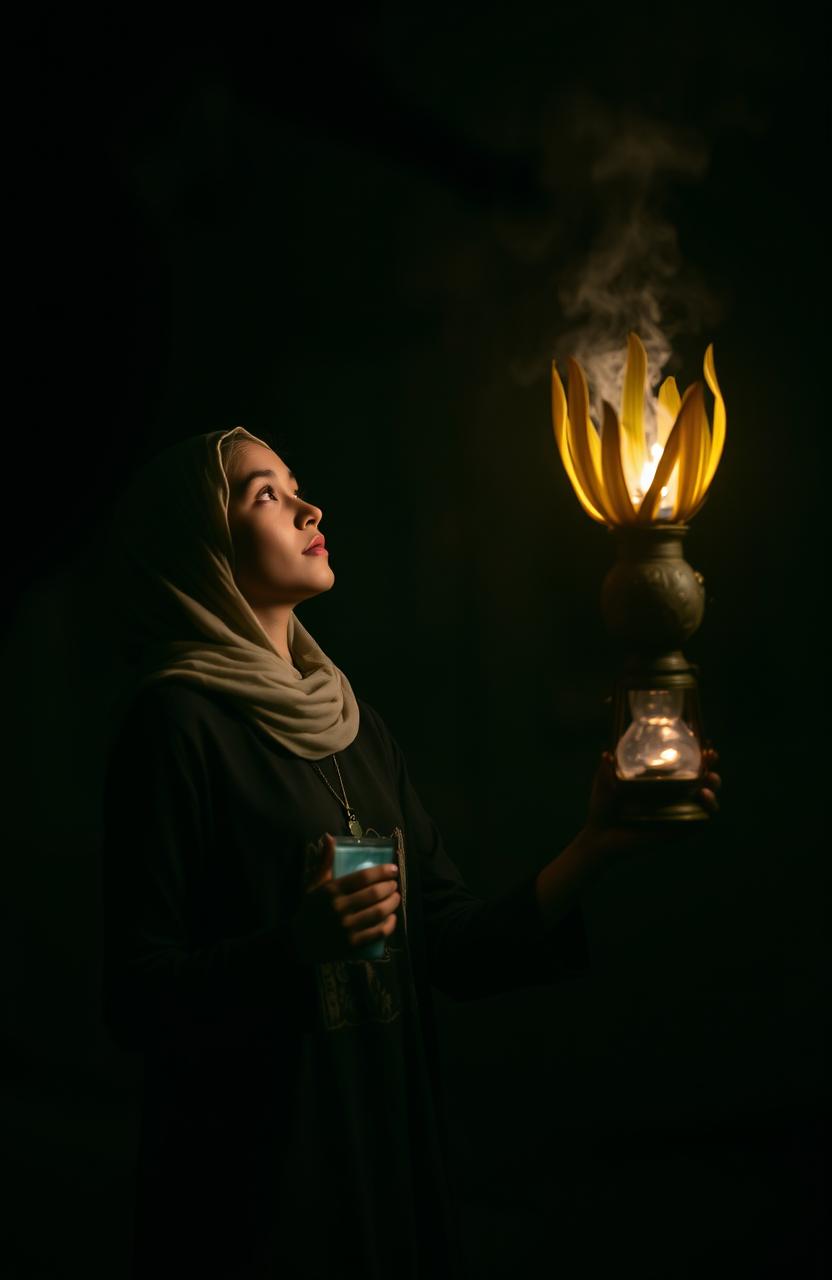 A young woman holding an oil lamp, just returning from the mosque at night