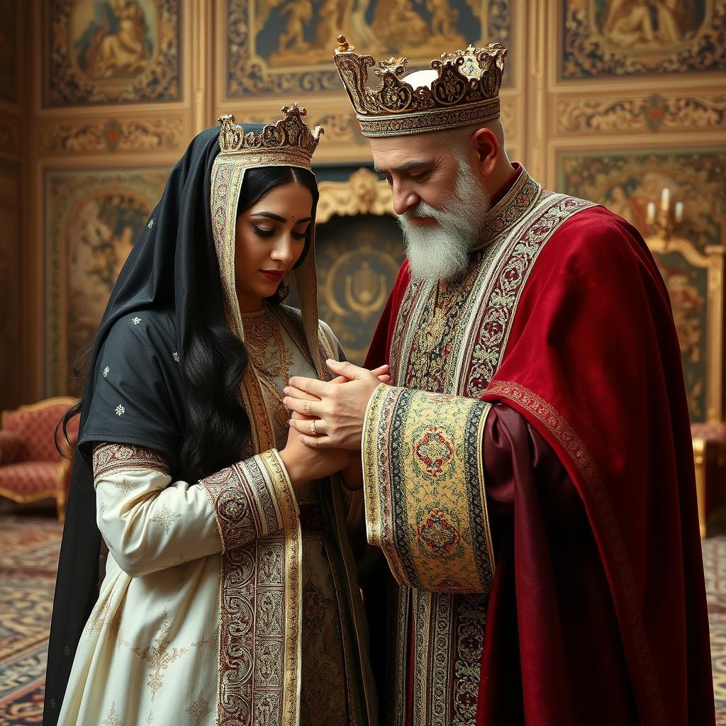A traditional Iranian queen and king, elegantly dressed in beautiful Persian clothing, are embracing their 27-year-old son with deep sorrow, tears in their eyes