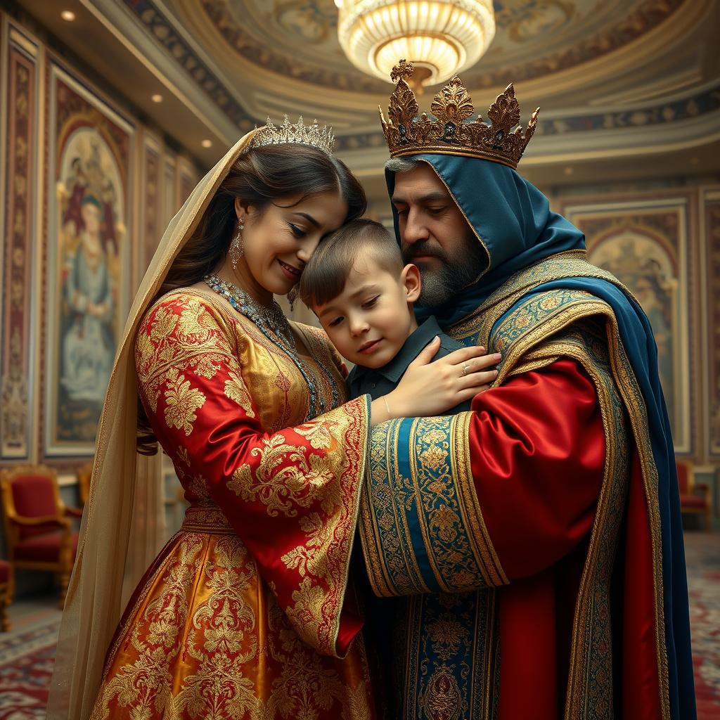 A queen and king in traditional Persian attire, embracing their 27-year-old son while crying
