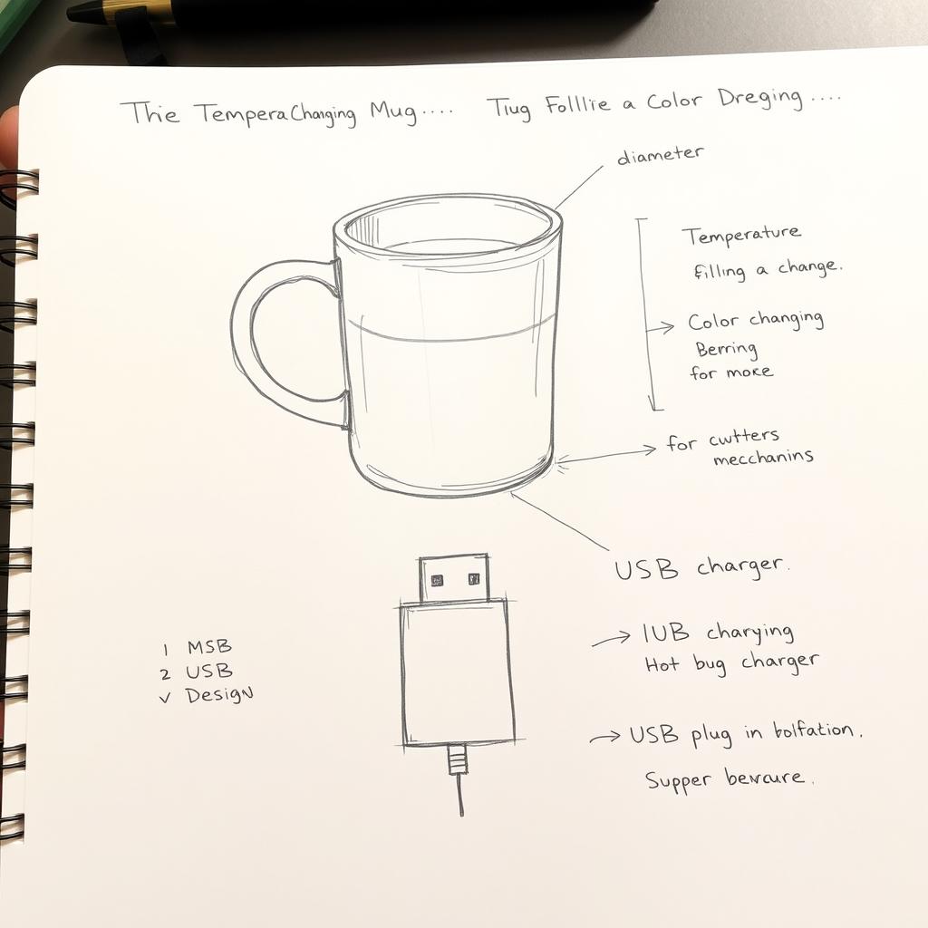 A sketch of a temperature-changing mug, drawn in a style that reflects the work of someone with moderate drawing skills