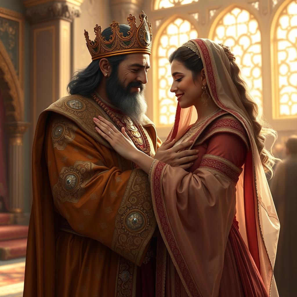 A heartwarming scene depicting a Persian king and queen embracing their 23-year-old son after a long separation
