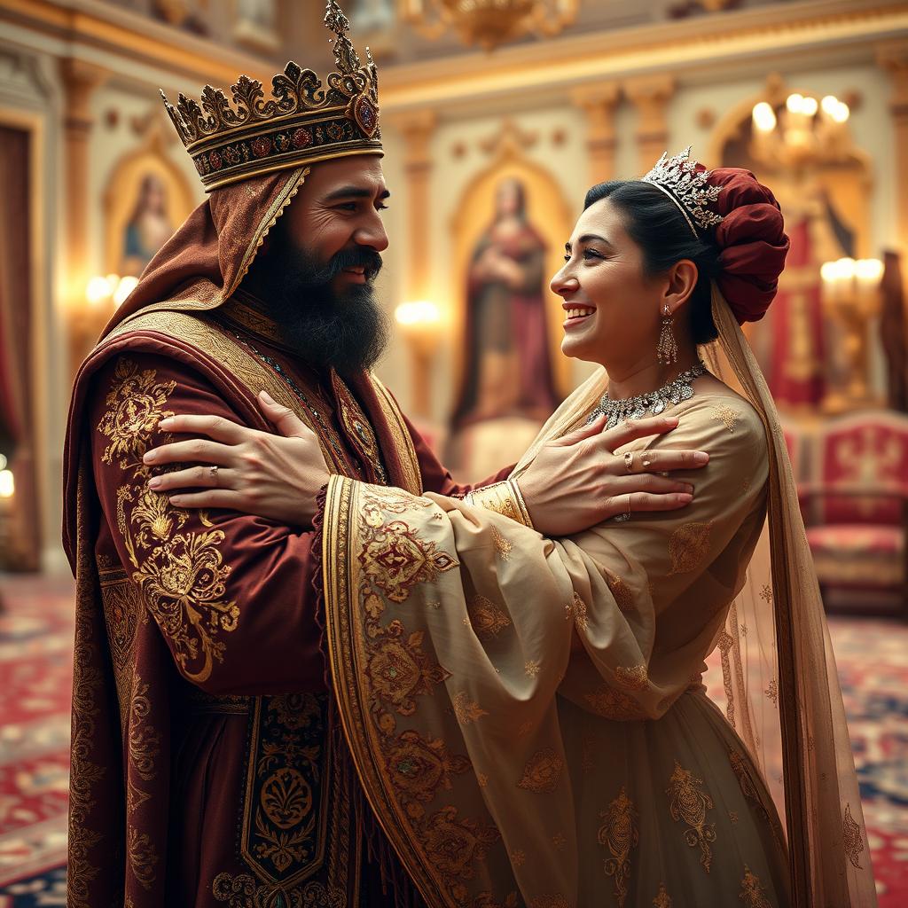 A majestic Persian king and queen embracing their 23-year-old son in a heartfelt reunion, showcasing deep emotional bonds