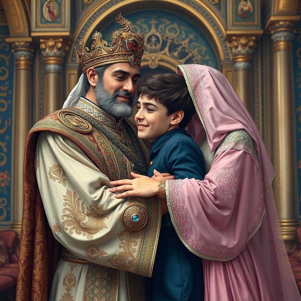 A touching scene depicting a Persian king and queen embracing a 23-year-old young man, all three in a moment of deep emotion