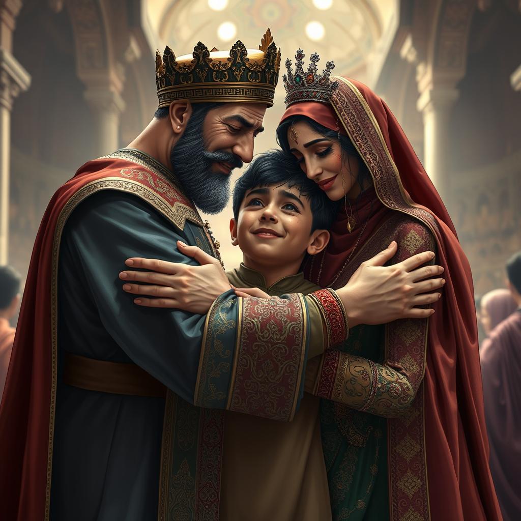 A dramatic and emotional scene depicting a Persian king and queen, both in traditional regal attire, embracing a 23-year-old boy after a long separation
