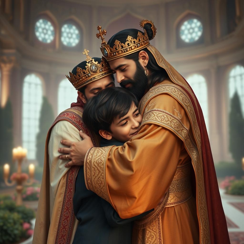 A poignant scene depicting a Persian king and queen embracing a 23-year-old boy, showcasing their strong emotional bond after a long separation