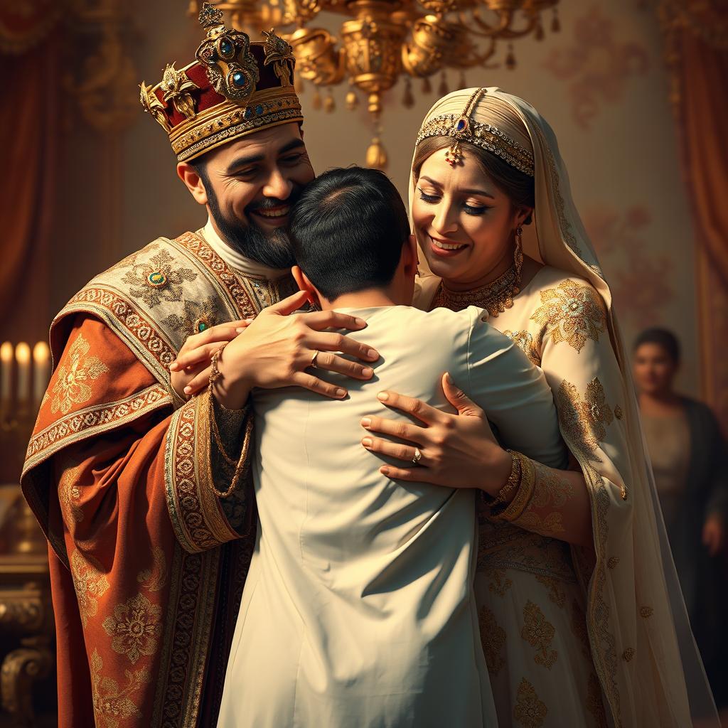 A heartwarming scene depicting a Persian king and queen embracing a 23-year-old young man after a long separation