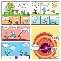 A colorful comic strip consisting of 20 panels illustrating the processes of photosynthesis and cellular respiration