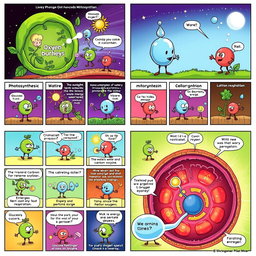 A colorful comic strip consisting of 20 panels illustrating the processes of photosynthesis and cellular respiration