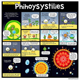 A colorful comic strip consisting of 20 panels illustrating the processes of photosynthesis and cellular respiration