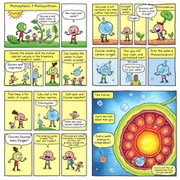 A colorful comic strip consisting of 20 panels illustrating the processes of photosynthesis and cellular respiration