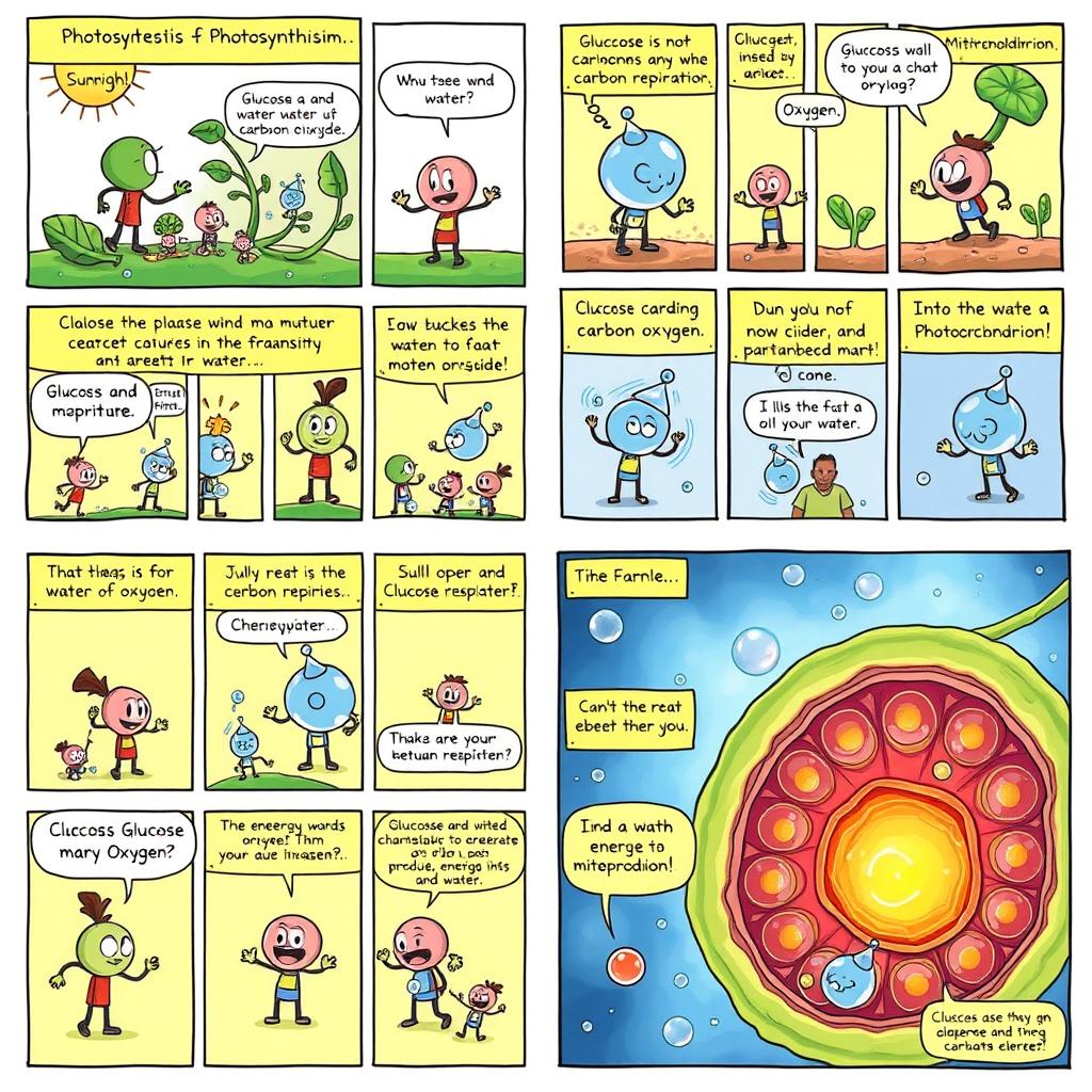 A colorful comic strip consisting of 20 panels illustrating the processes of photosynthesis and cellular respiration